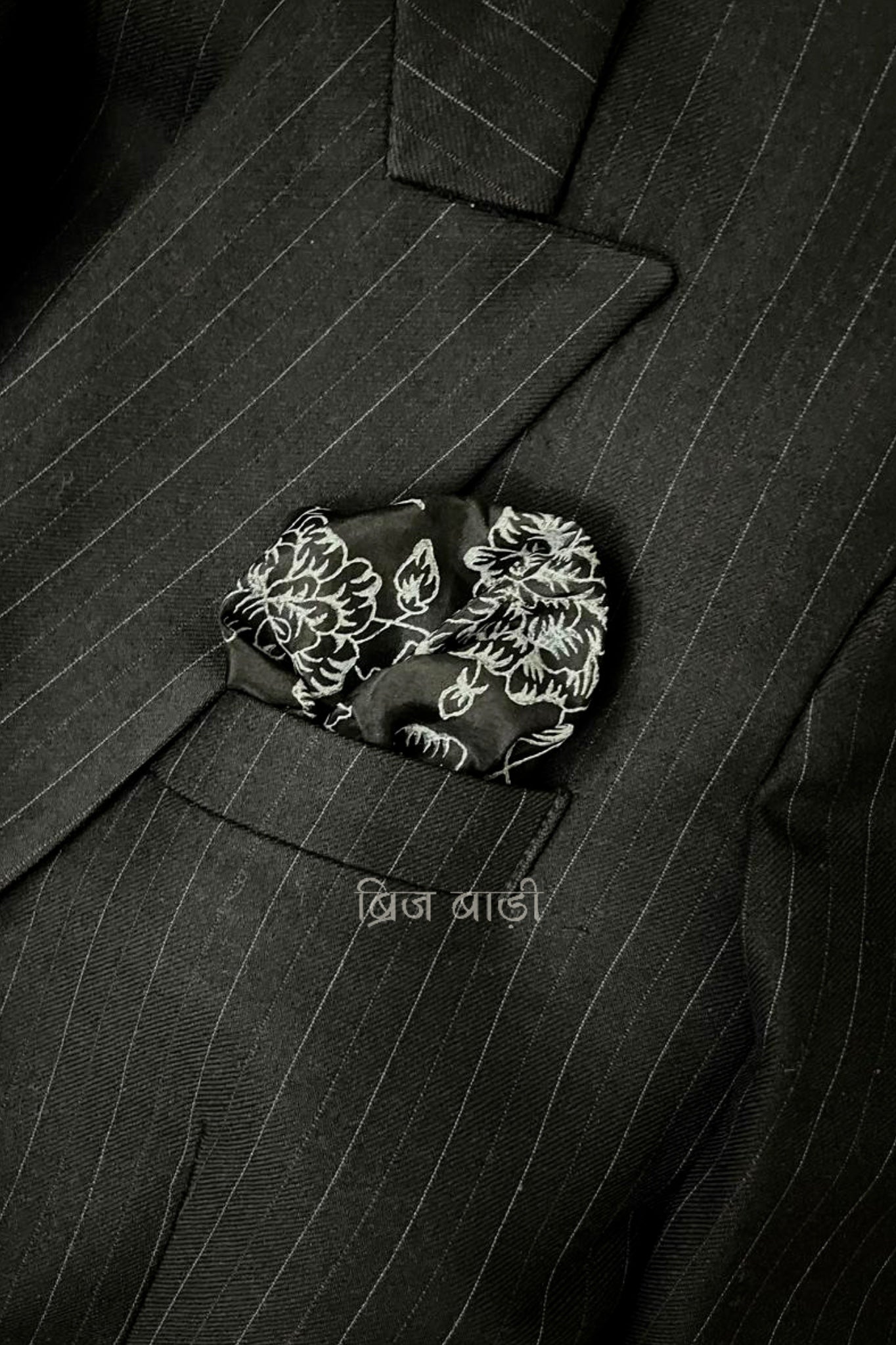 Ekaveer Black Pure Silk Pocket Square | Hand Block Printed for Men