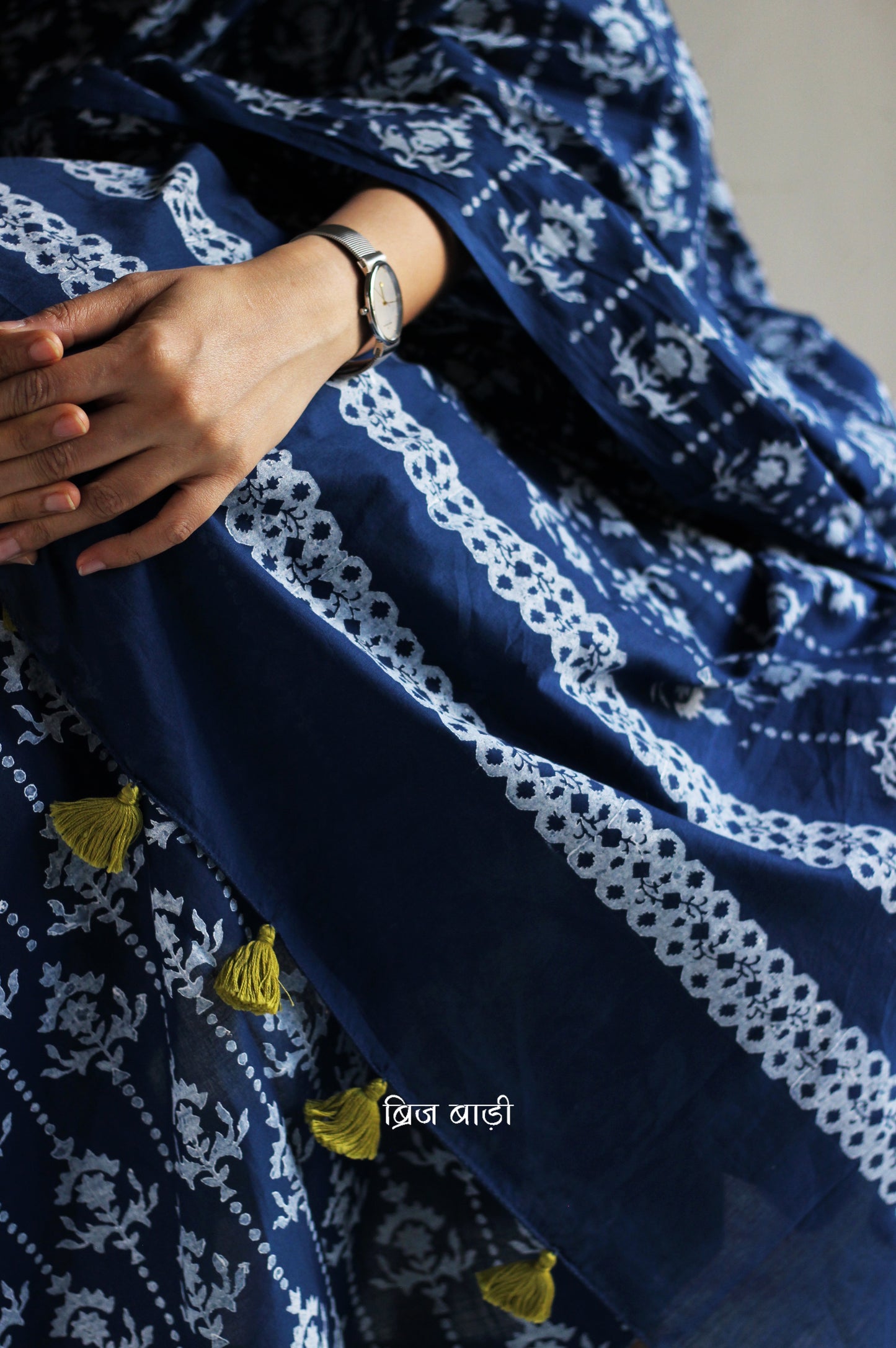 Blue hand block printed cotton saree with intricate motifs, lightweight and breathable fabric, includes a free matching blouse piece – perfect for everyday and festive wear.