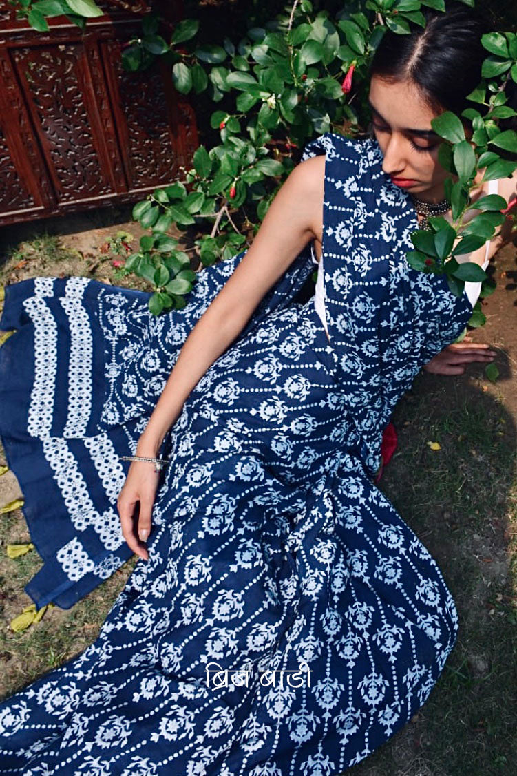 Blue hand block printed cotton saree with intricate motifs, lightweight and breathable fabric, includes a free matching blouse piece – perfect for everyday and festive wear.
