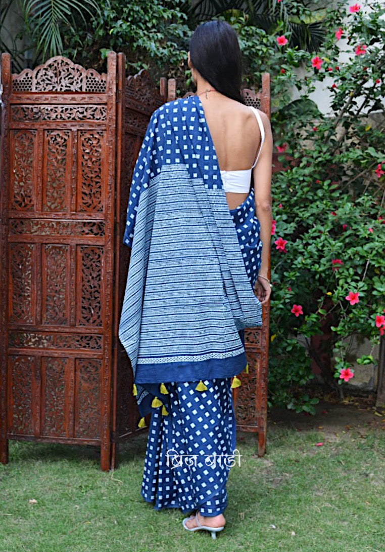 Blue block printed cotton saree with free blouse piece – handcrafted and breathable.