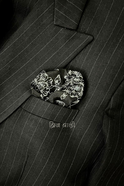 Ekaveer Black Pure Silk Pocket Square | Hand Block Printed for Men