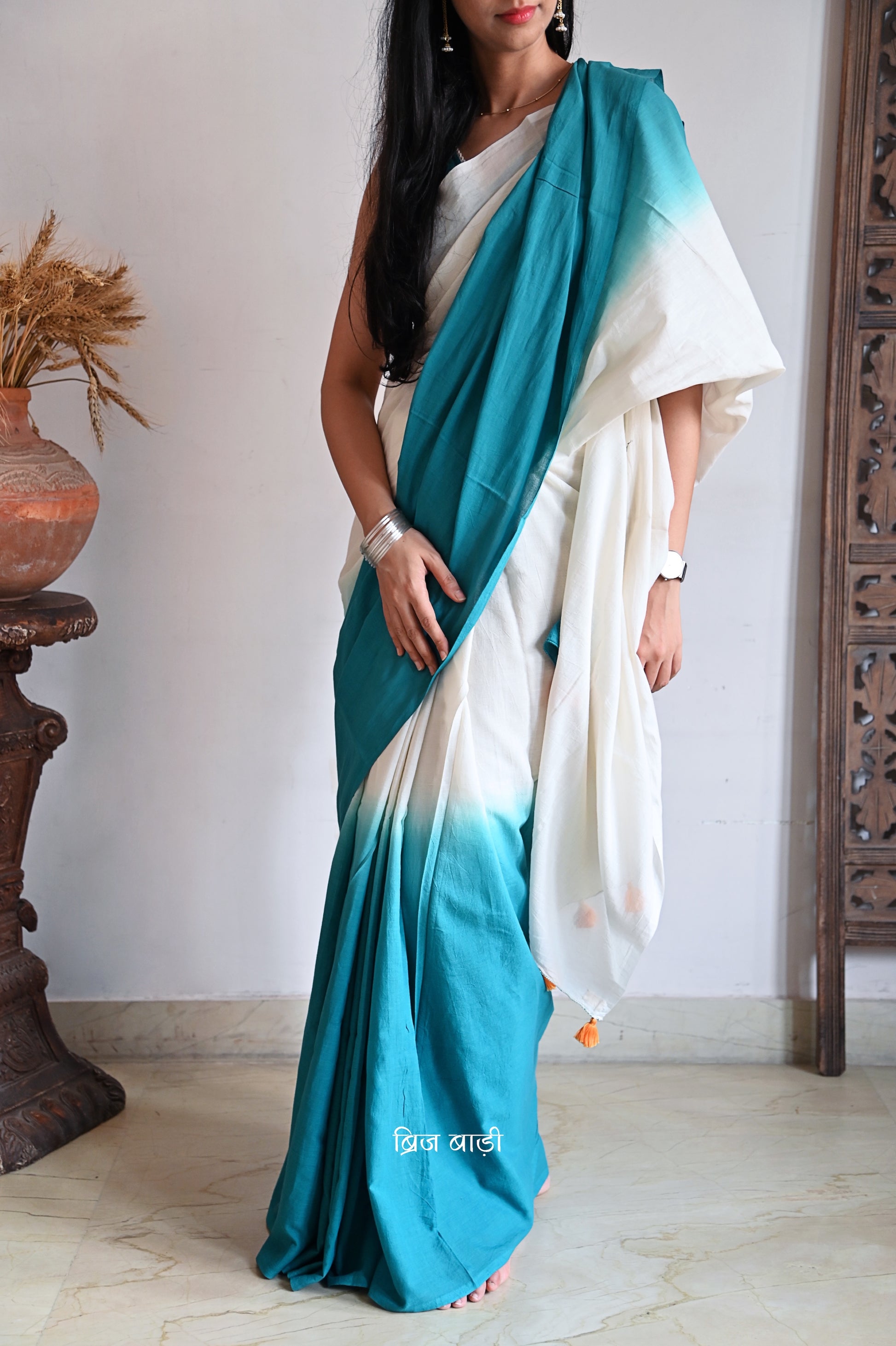 Teal Blue ombre cotton saree with soft gradient dye effect, available in 8 vibrant colours, comes with a free hand block printed blouse piece – lightweight, breathable, and perfect for everyday styling.