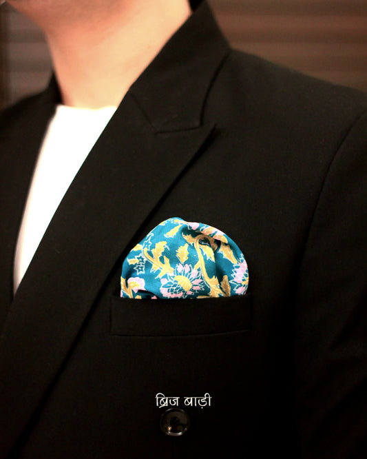 Neel Teal Blue Pure Silk Pocket Square | Hand Block Printed