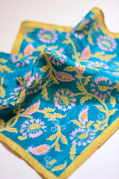 Neel Teal Blue Pure Silk Pocket Square | Hand Block Printed