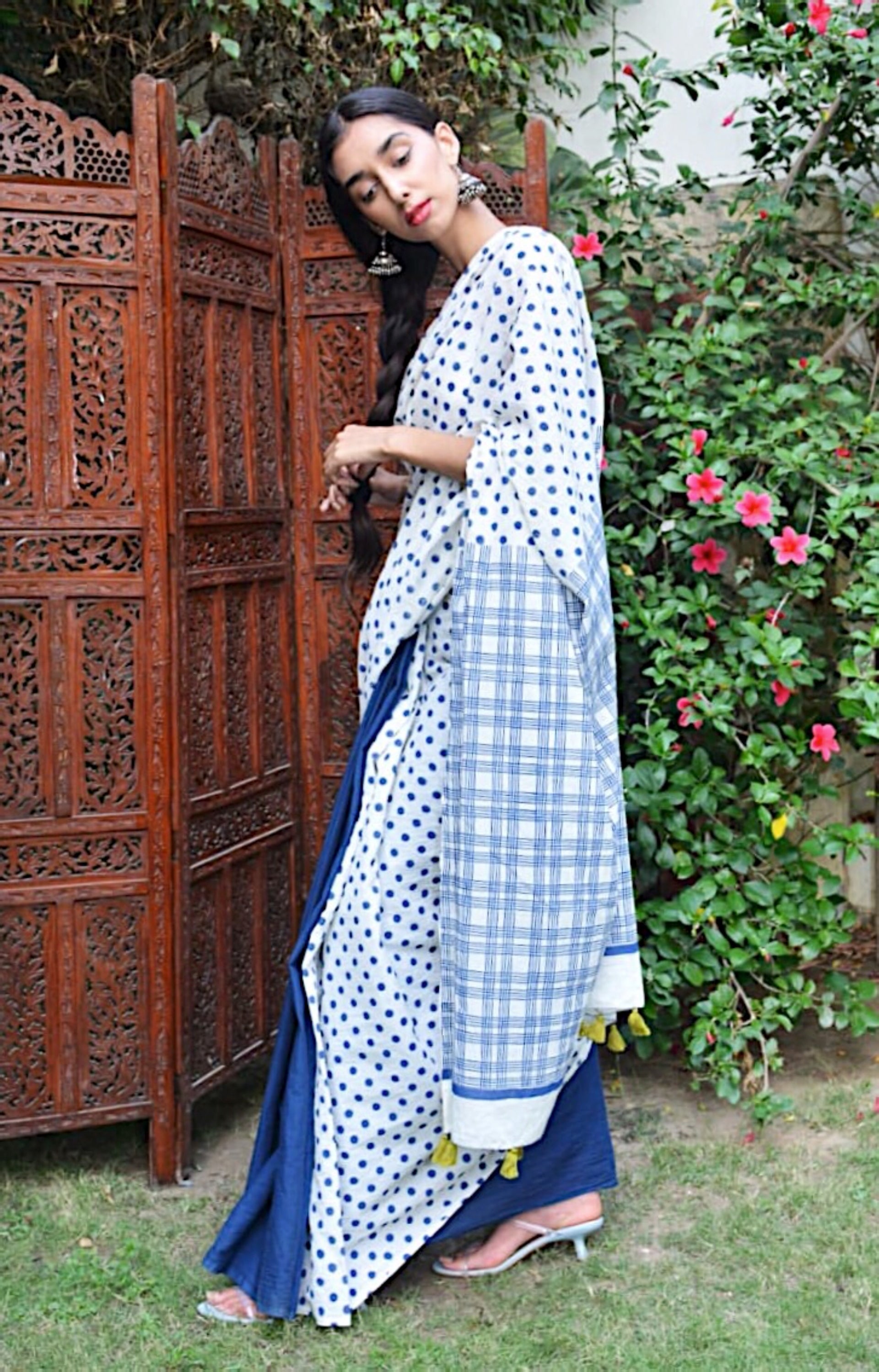 Hand Block Printed cotton mulmul blue polka dot saree for festivities, office, and daily. All day comfort and style