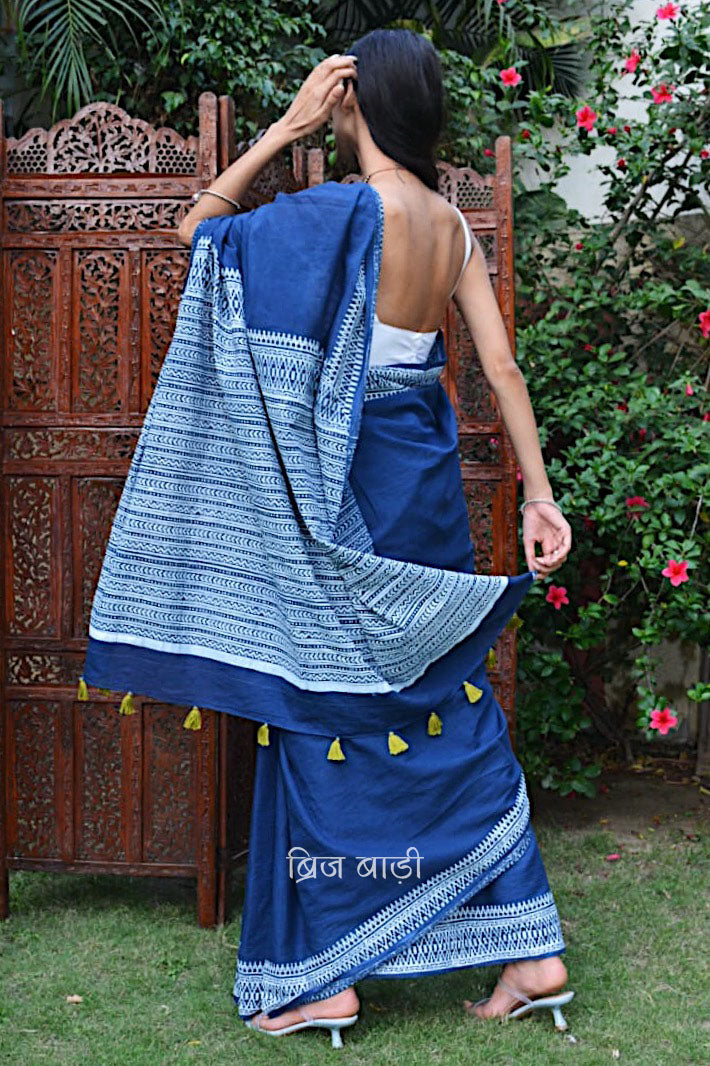 Handcrafted Brij Bari cotton mulmul saree made by artisans of India hand block printed with precision. COD Availavle. Free Shipping pan India.