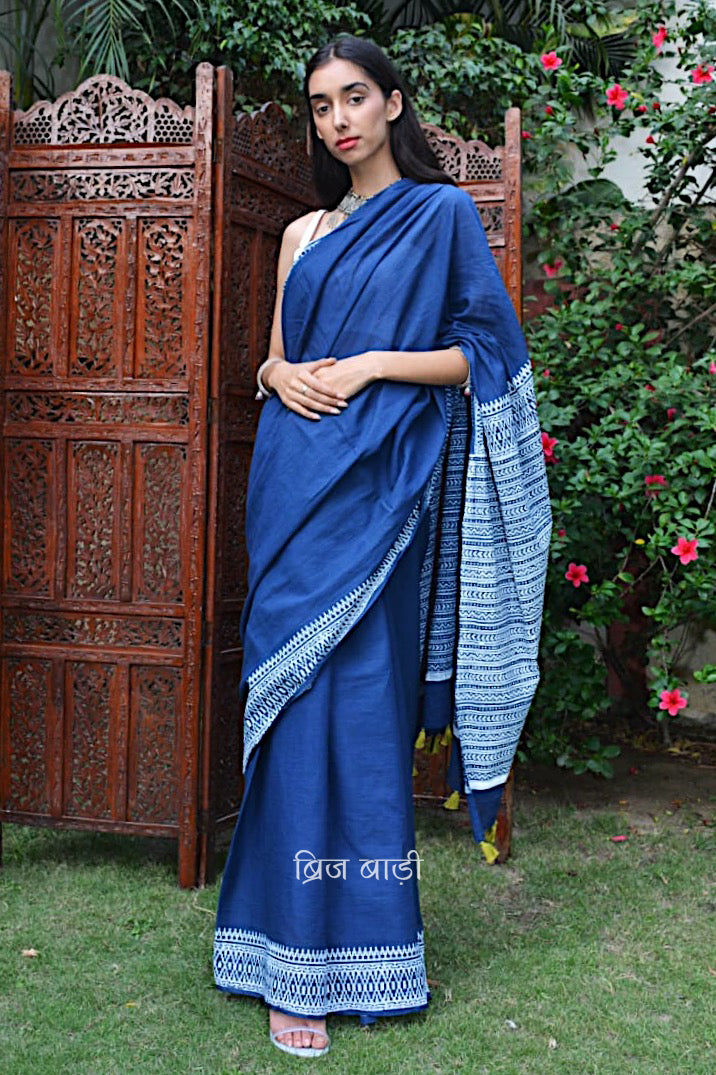 Handcrafted Brij Bari cotton mulmul saree made by artisans of India hand block printed with precision. COD Availavle. Free Shipping pan India.