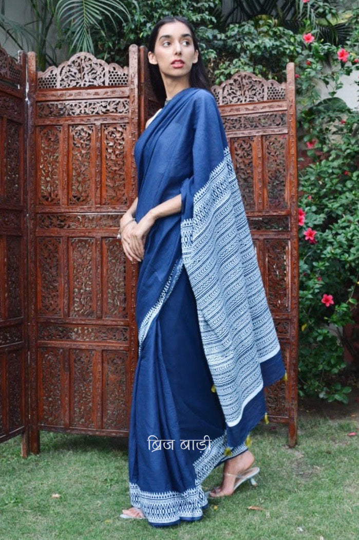 Handcrafted Brij Bari cotton mulmul saree made by artisans of India hand block printed with precision. COD Availavle. Free Shipping pan India.