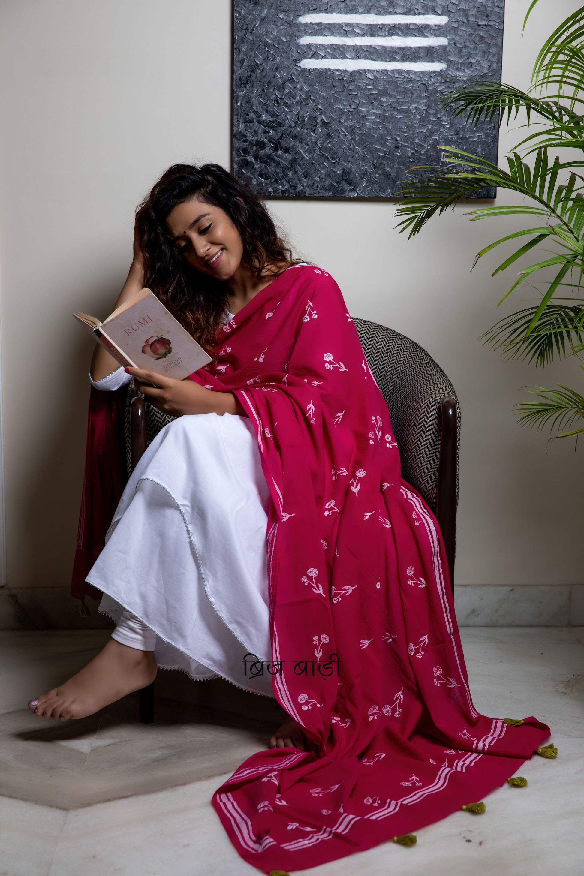 Pink soft and light-weight cotton dupatta by Brij Bari hand block printed with a delicate floral pattern creating a fresh and timeless look. Made from breathable, airy cotton fabric, this dupatta is perfect to pair with suits, kurtas, or casual ethnic outfits, adding an elegant handcrafted accent to your everyday or festive wear. The pallu is detailed with charming light green handmade thread tassels, adding a subtle pop of colour and artisanal finish. 