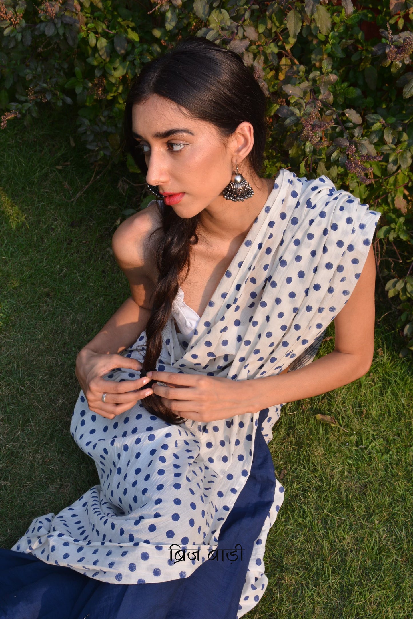 Hand Block Printed cotton mulmul blue polka dot saree for festivities, office, and daily. All day comfort and style