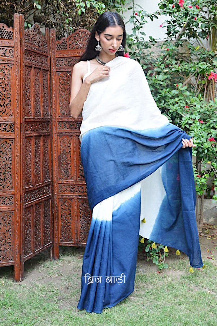 Elegant Handloom Navy Blue and White Saree with Floral Threadwork Blouse